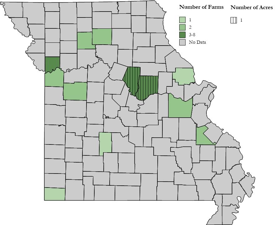 Exhibit 3.8.4 Missouri Harvested Carrot Acreage and Operations by County, 212 * Counties that are shaded but lack a pattern overlay are those that have farms reported but acreage data withheld.