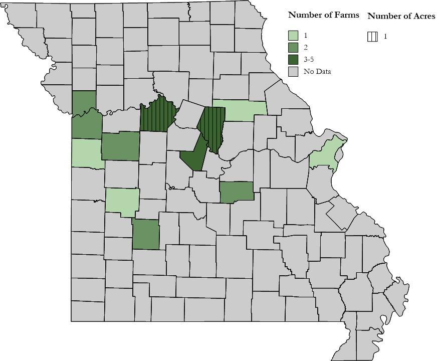 Exhibit 3.11.5 Missouri Harvested Kale Acreage and Operations by County, 212* * Counties that are shaded but lack a pattern overlay are those that have farms reported but acreage data withheld.