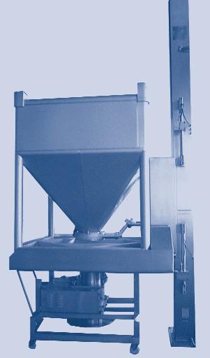 The opened drum with or without inliner is being placed on the platform and then pressed into a top mounted funnel.