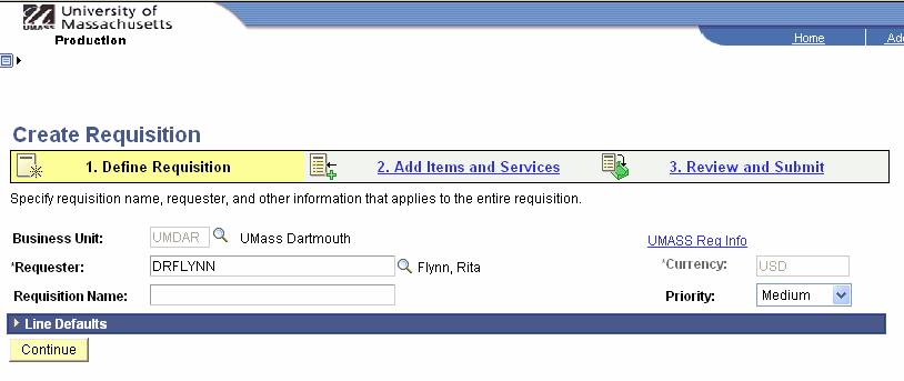 Create a Requisition through the UMASS Marketplace This job aid provides the steps required for entering a basic eprocurement requisition using the UMass Marketplace. Step 1.