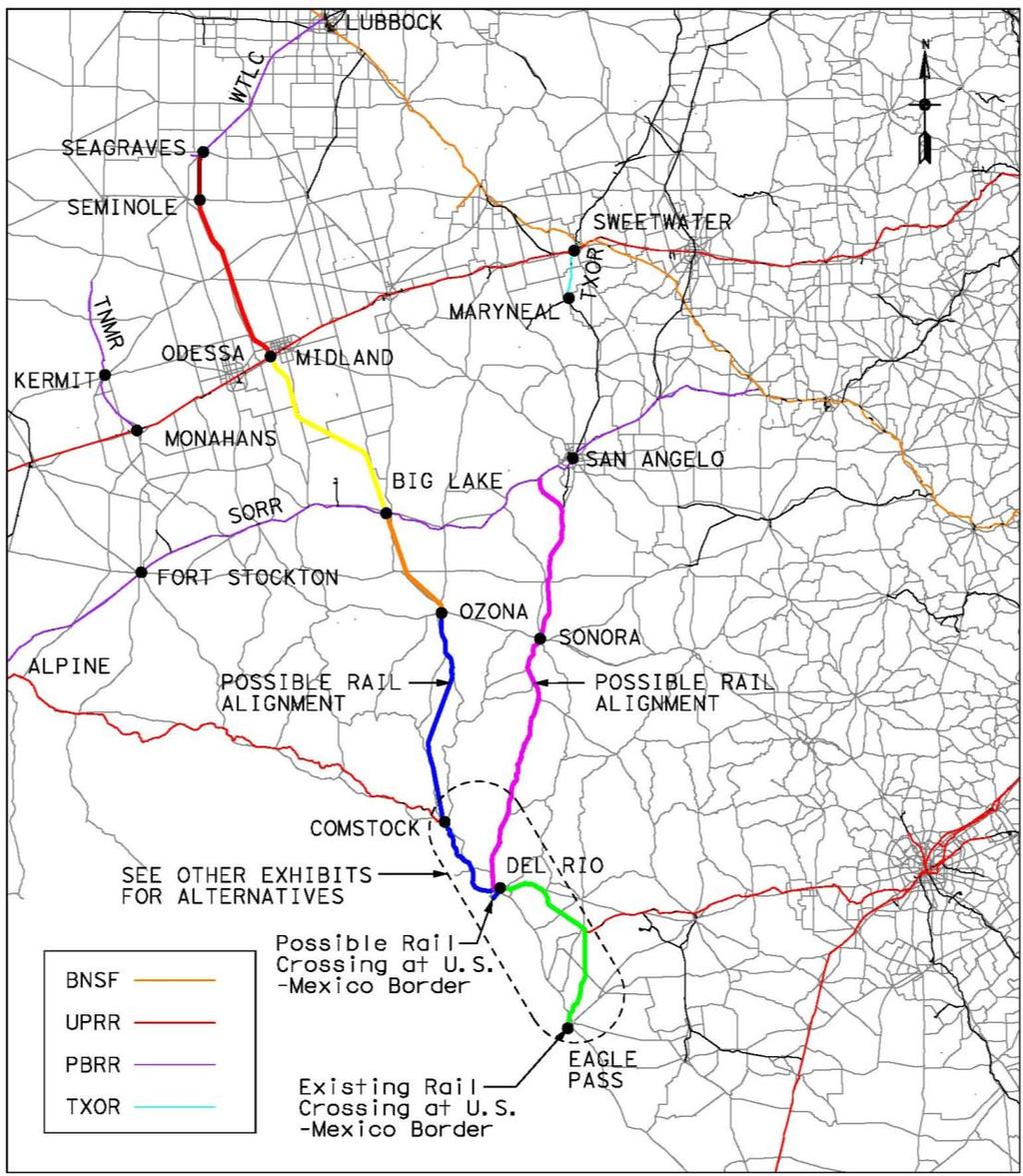 Figure 2.1 Conceptual Alignments Alternative 1: Seagraves to Del Rio (all new track) The route for Alternative 1 connects Lubbock to Seagraves by way of the existing WTLC track.