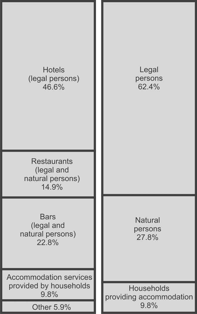 Figure 1 THE STRUCTURE OF TOTAL TURNOVER RECORDED BY LEGAL AND NATURAL PERSONS IN THE HOTEL AND RESTAURANT SECTOR AND ACCOMMODATION SERVICES PROVIDED BY HOUSEHOLDS IN 2004 BY GROUP AND OWNERSHIP IN %