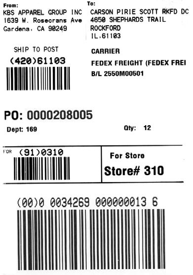GS1-128 Format Saks Inc. prefers an SSCC-18 (GS1) label using subset C and printed using 20 Mil. This results in a barcode that is just over 3 wide and 1.25 tall.