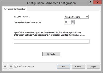 Advanced data source configuration Interaction Optimizer uses the settings in the Advanced Configuration sub-container in the Interaction Optimizer container to configure the behavior of the