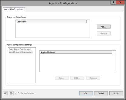 Agent configuration Interaction Optimizer uses the settings in the Agents Configuration dialog box to add agent schedule exceptions (constraints) to weekly shift definitions.
