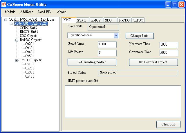 Step 8: Selecting the Node item such as Node: 001 in the tree list, the right dialog will show the NMT service tab of the slave node.
