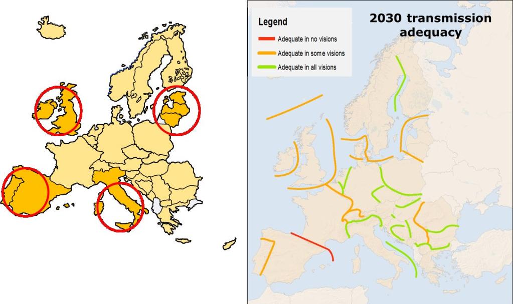 specific security of supply issue, requiring a stronger interconnection with other EU countries. Spain with Portugal, Ireland with Great Britain, and Italy show a similar pattern.