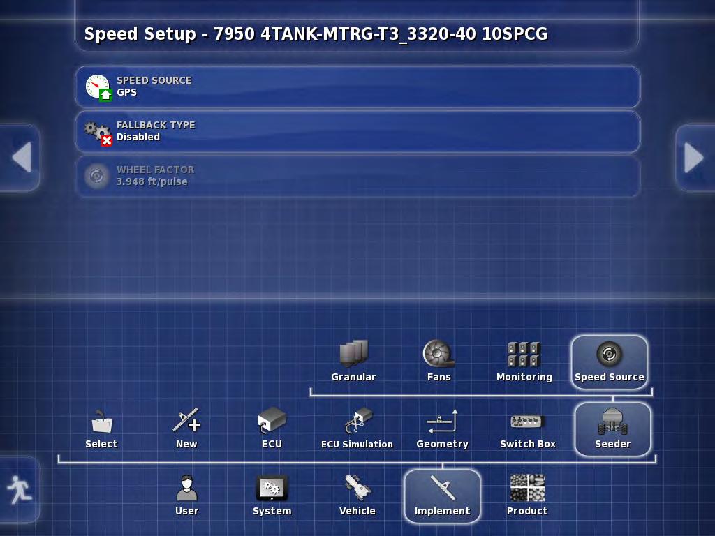 Speed setup - Speed source GPS - Fallback Type manual speed - Wheel Factor this is used when you switch the speed source to wheel. It will be set from the factory.