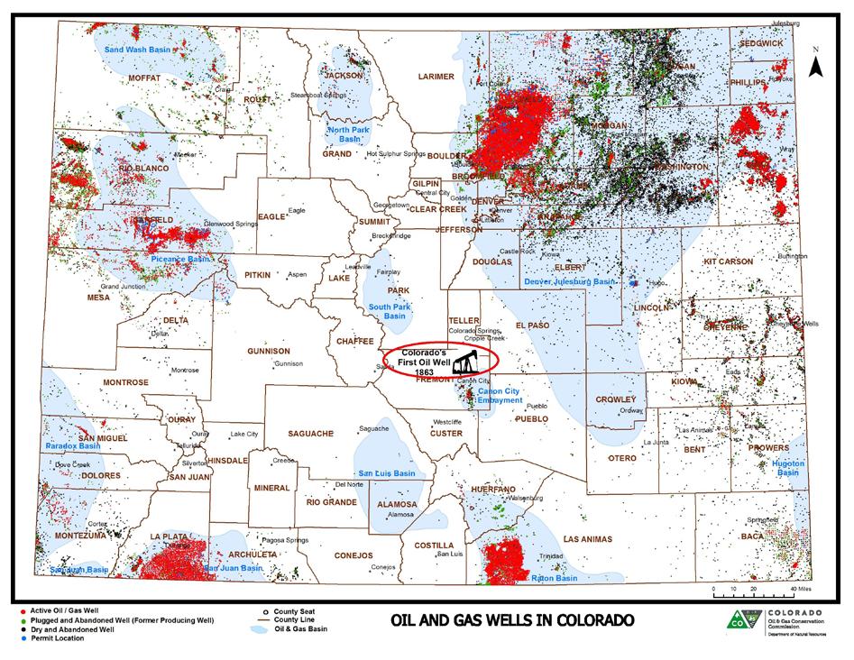 Oil and Gas in Colorado Study the map below and answer the following questions. 1. Name three counties that have the most active oil and gas wells. 2. What does the blue area on the map represent? 3.