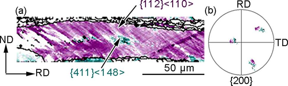 5 EBSD orientation image of {112}\110[ grain interior during cold rolling: a orientation distribution map, b {200} pole figure and Hatherly [19], {110} and {111} of high storage energy possessed a