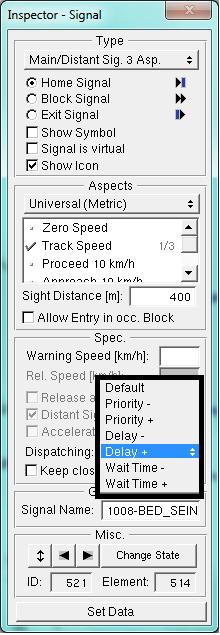 4.3. DVM scenario s 47 Figure 4.8: The settings of a signal in OpenTrack where prioritisation can be determined for the route setting in case of a conflict.