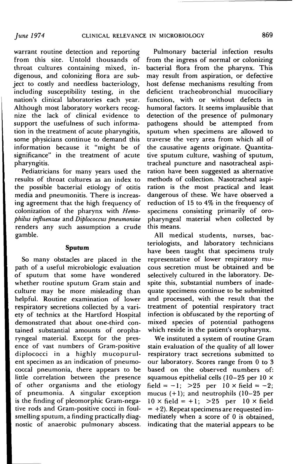 June 1974 CLINICAL RELEVANCE IN MICROBIOLOGY 869 warrant routine detection and reporting from this site.