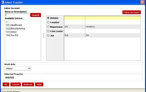 Labor Account Transfer STEP 1 2 3 4 5 6 ACTION From the employee s timecard, place your cursor in the Transfer cell.