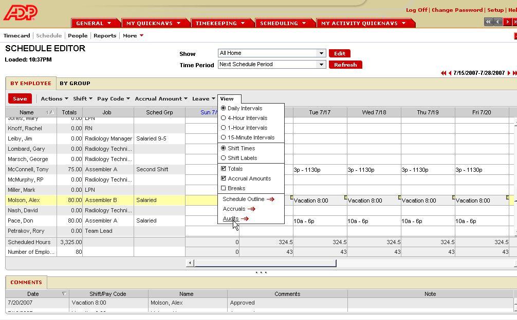 Chapter 4 Scheduling Viewing Schedule Audits Managers have the ability to view changes made to an employee s schedule.