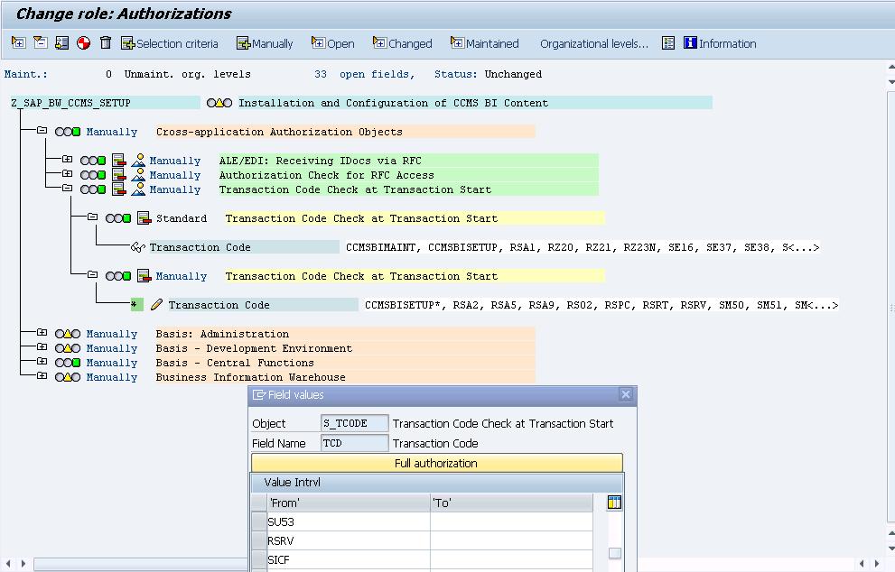 Figure 7 Screen shot: Role Z_SAP_BW_CCMS_SETUP (1) - Extend authorization: fill