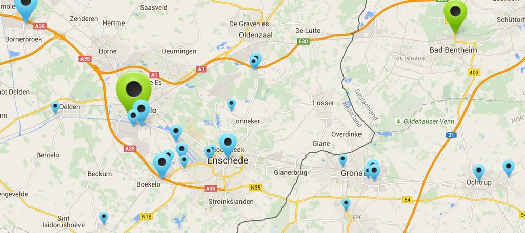 5.2 Experiments Figure 5.2: All addresses to visit on 23 th of July, zoomed in on CTT Hengelo and CTT Bad Bentheim.