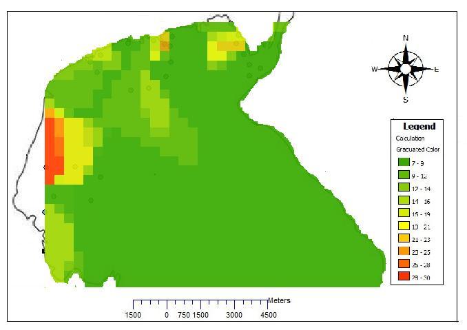 Fig. (3.g): Areal distribution map of Zn Figure (3. a) shows that the maximum concentrations of cadmium are detected in sites (II) and (III) for some samples in S.B.