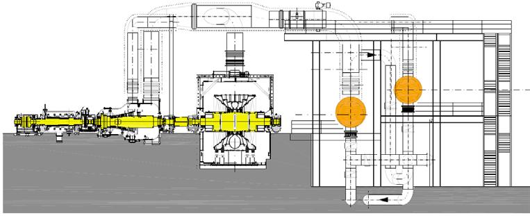 Niehl 3 GuD - Arrangement concept District heating condensers Top side extractions for heating steam +5.5 m District heating water pipes Installation close to floor level shaft axis height at +5.
