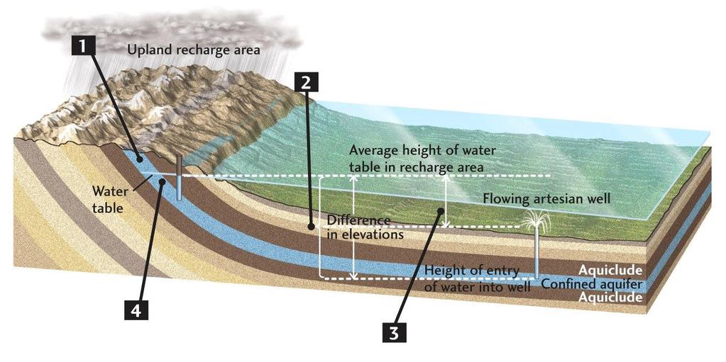 Confined Aquifer Recharge Area: where the confined aquifer is recharged by infiltration Pressure