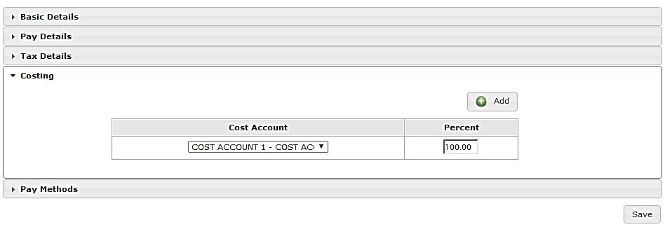 Costing this screen will only display if you are using cost account splitting. Where you are using costing, you will be able to update an employee s cost accounts.