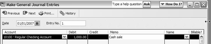 90 Learning QuickBooks Pro 2007 7. Now widen the General Journal window size. Place your cursor to the edge of the window until it appears as shown and then drag to resize.