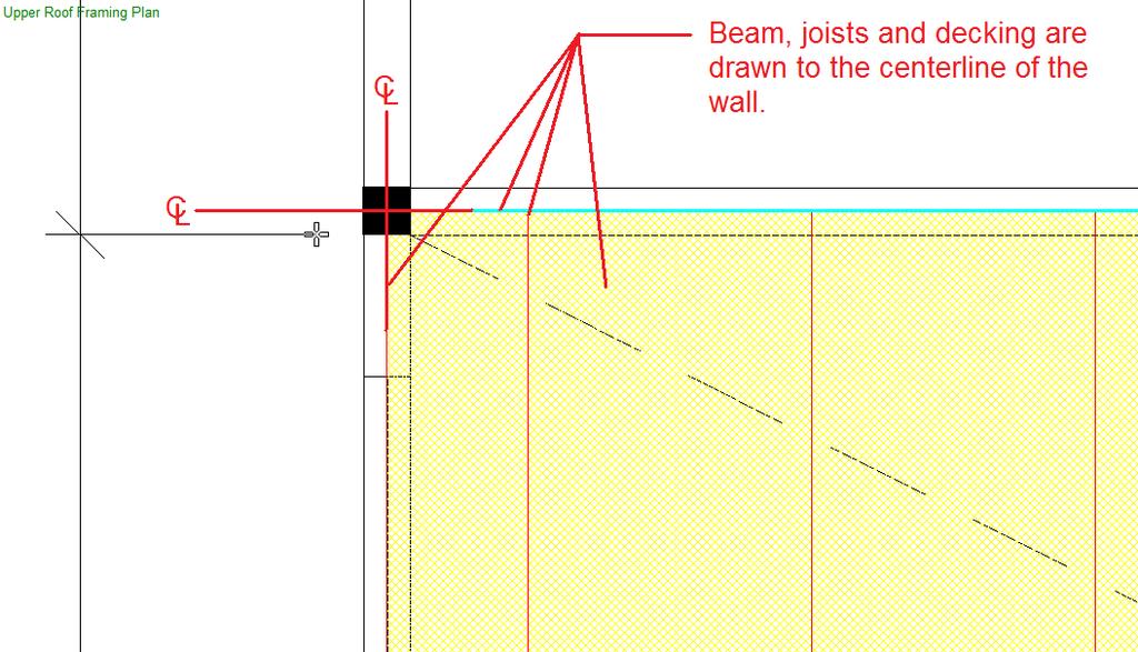 Now lets draw the joists and decking. Decking always run perpendicular to the joists. Both the joists and decking should be drawn to the centerline of the wall.