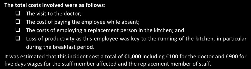 3 Assessment of Cost of Workplace Injuries by Sector Box 3: Case Study on the Impact of Workplace Injuries within the Hospitality Sector Employing 10 to 49 Persons Ireland 2011 Background: This case
