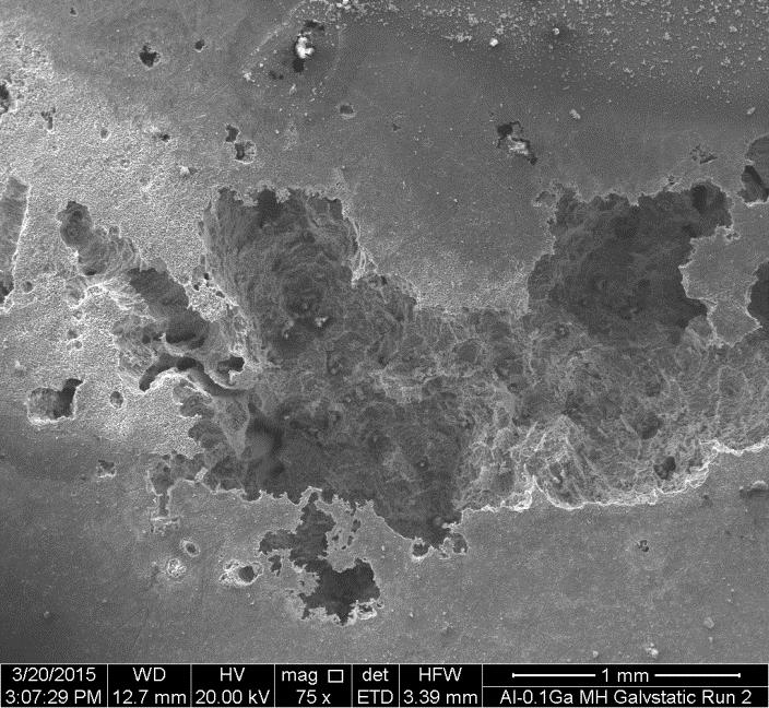 17 3.3.3 Corroded Microstructures In all samples observed after becoming erratic in galvanostatic tests, there was pitting observed on the exposed surface, most notably in a large and broad pit