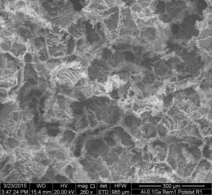 23 Figure 31: SEM Image of 1 st remelt after potentiostatic testing at -730 mv, showing corroded area with grain boundaries left behind Figure 32: SEM