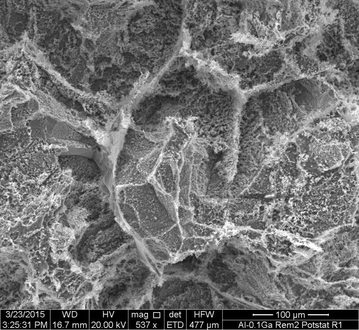 Figure 33: SEM Image of 2 nd remelt after potentiostatic testing at -730 mv, showing grain boundaries left behind, even more prominently than the 1st