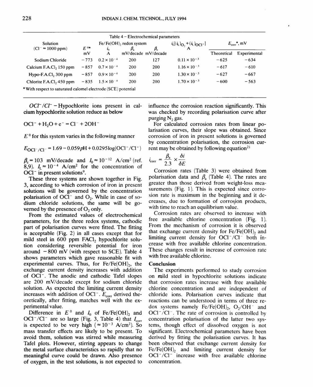 228 INDIAN J. CHEM. TECHNOL., JULY 1994 Solution (Cl- 1000 ppm) Table 4 - Electrochemical parameters Fe/Fe(OH)2 redox system id(i.jo, + (i,joc1-l E o.