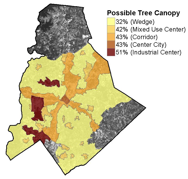 Centers/Corridors/Wedges Existing and Possible Tree Canopy were also summarized by general use patterns in the city of Charlotte as represented by a dataset that divides the City into Centers,