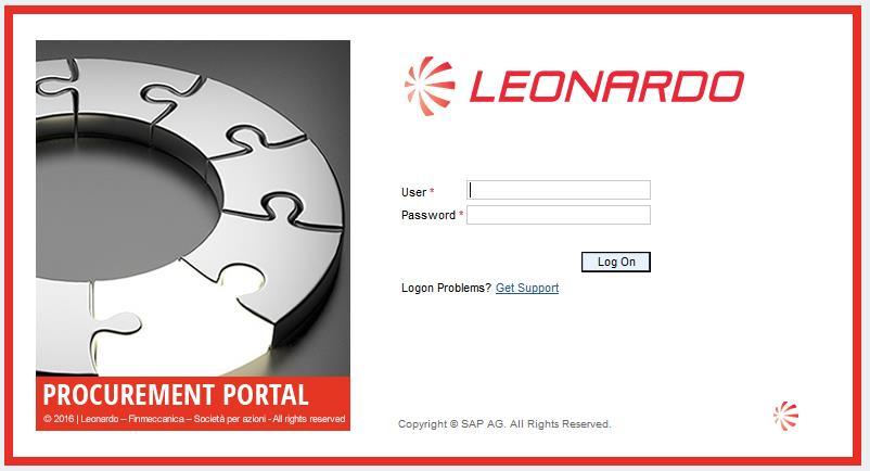 1. Logon to the portal page The Leonardo-Leonardo Procurement Portal can be reached on internet via the link https://procurement.leonardo-finmeccanica.com.