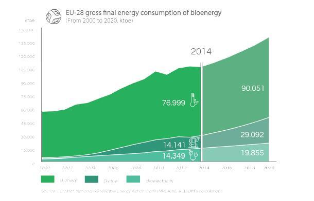 Biomass in the EU 28: 2000 2014-2020 Biomass to heat 2000: 52 Mtoe 2014: 77 Mtoe Projected in Action Plans 2020 90 Mtoe A growth of 73% in 20 years Bioheat the most important