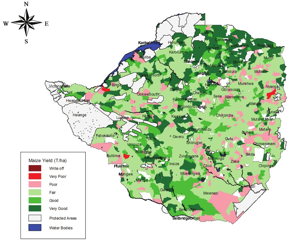 PAGE 16 EL NIÑO-SOUTHERN OSCILLATION (ENSO) CYCLE EVENTS AND THEIR IMPACTS IN ZIMBABWE Figure 4: Maize yield map for the 2014/15 agricultural season.