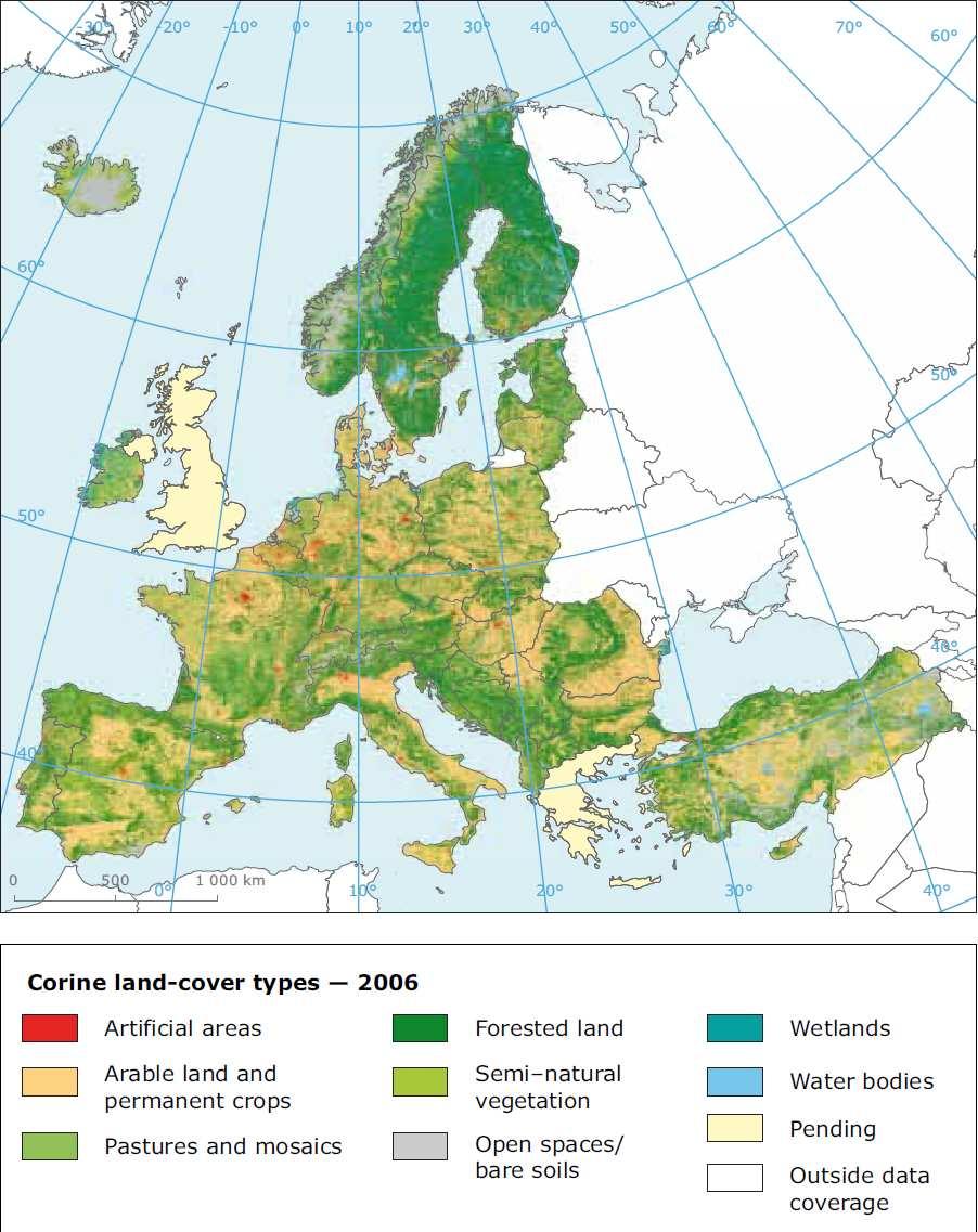 European land cover in 2006, main landcover categories of Europe In Europe is a great diversity of landscapes especially in relation to the interaction between agriculture land, natural grassland and