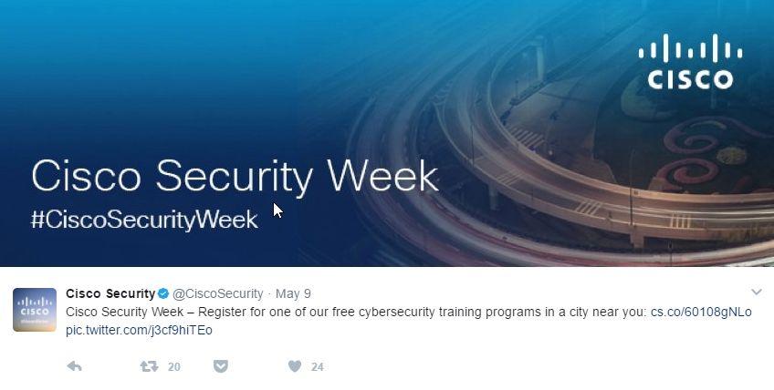 Cisco posts a pleasing array of content on Twitter. In addition to the creative comic Tweets and the custom images showing their employees, they also post branded images.
