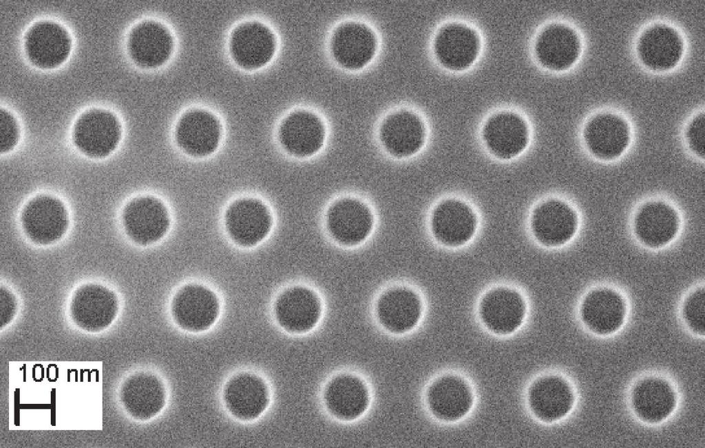 Figure 1: Micrograph of the sample with a hole size of nominally 120 nm and a period of 280 nm measured by scanning electron microscopy.