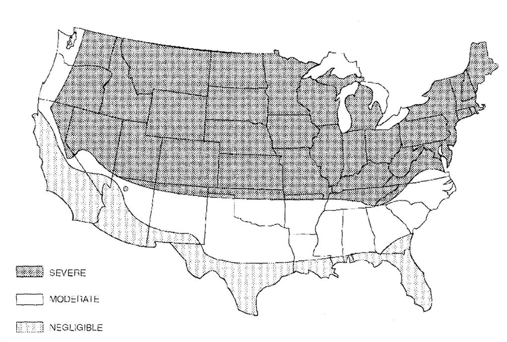 Appendix II FIGURE R301.2(3) WEATHERING PROBABILITY MAP FOR CONCRETE a. Alaska and Hawaii are classified as severe and negligible, respectively. b. Lines defining areas are approximate only.