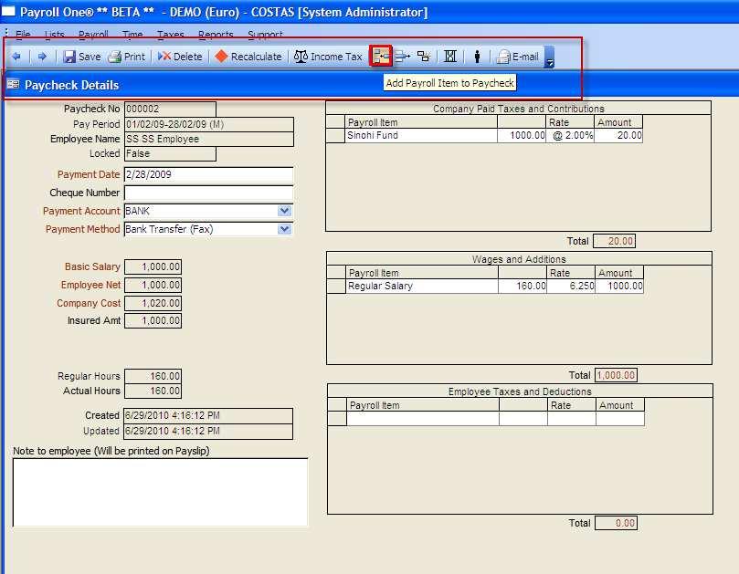 6.3. Paycheck Details - Edit Paycheck On this page yu can see the emplyee salary details. Frm here, yu can: Enter cheque number if the emplyee is paid by cheque.
