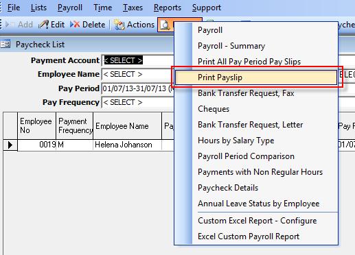 6.6. Print Payslip Chsing this ptin, the system prints a payrll receipt fr ne emplyee selected in the list belw.