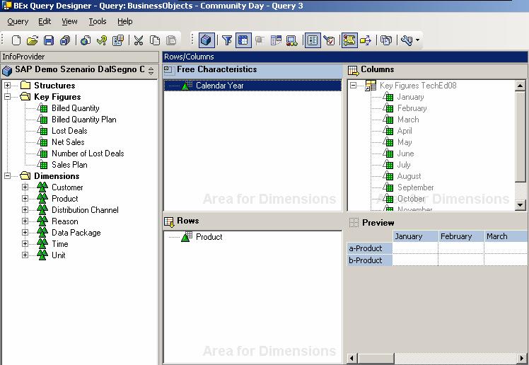 Dimension and Characteristics The image shows an SAP BW query in the BEx Query Designer.