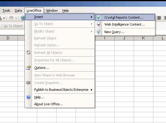 8. Select the menu Live Office > Insert > Crystal Reports content.