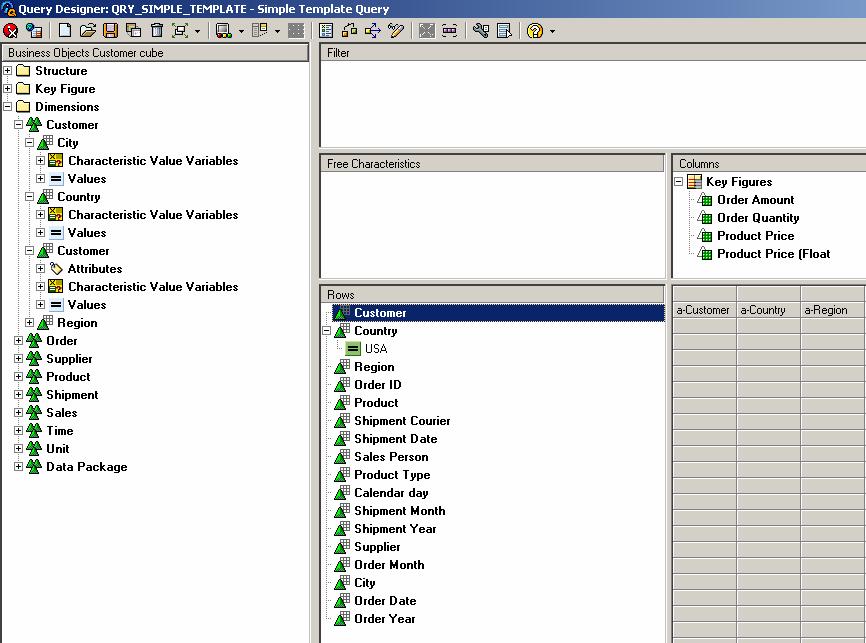 Dimension and Characteristics The screenshot below shows an SAP BW query in the BEx Query Designer.