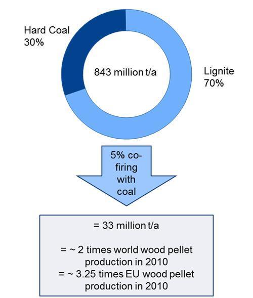 Estimation of demand of pellets/torrefied pellets Wood pellet cofiring potential (5 % with coal) in more than 100 existing pulverised coal-fired plants in Europe Total coal use was 772 million tons