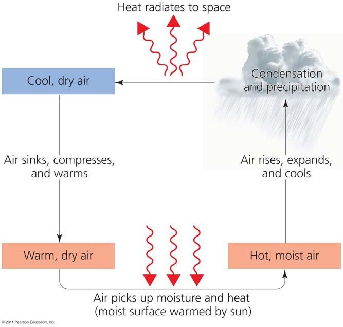 Solar energy causes air to circulate Air near Earth s surface is warm and moist Convective circulation = less dense, warmer air rises - Creating