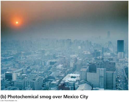 Photochemical (brown air) smog Produced by a series of reactions - Formed in hot, sunny cities surrounded by mountains Light-driven reactions of primary pollutants and atmospheric compounds - Morning