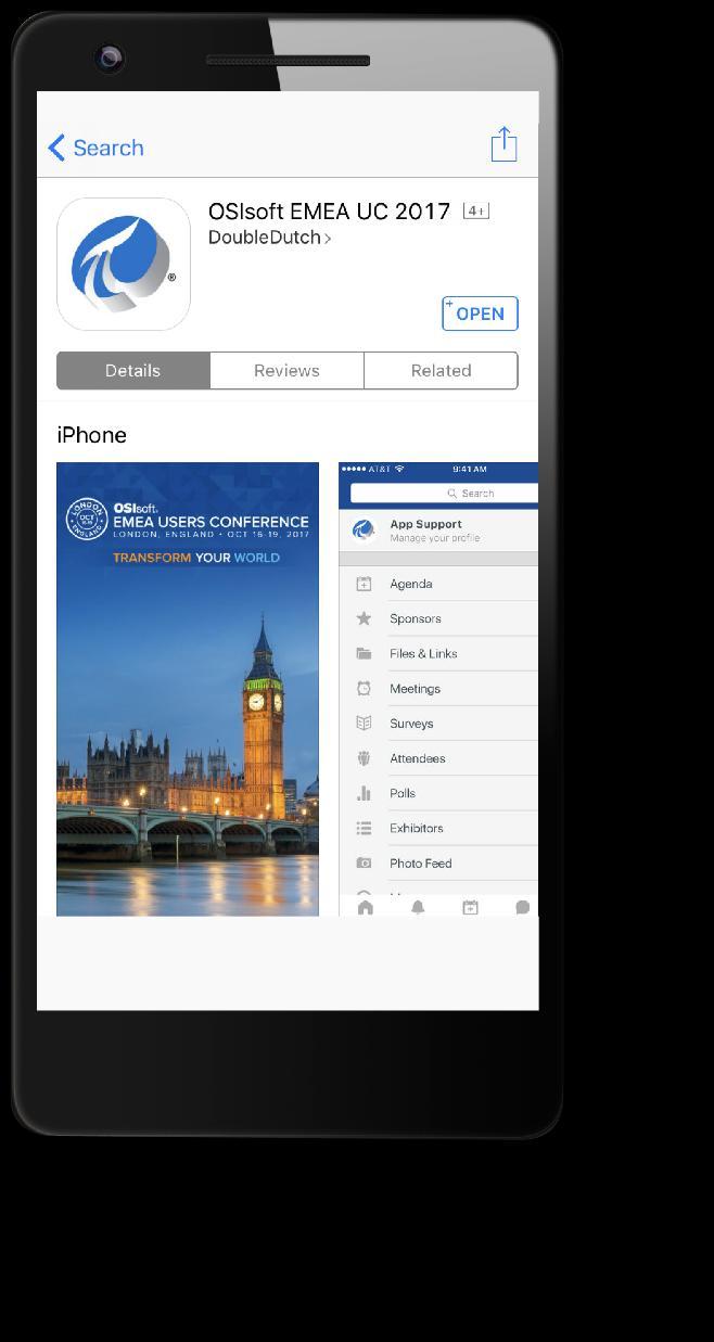 Download the Mobile App Search OSIsoft EMEA Users Conference in your app store View the latest agenda and create your own Meet and connect with