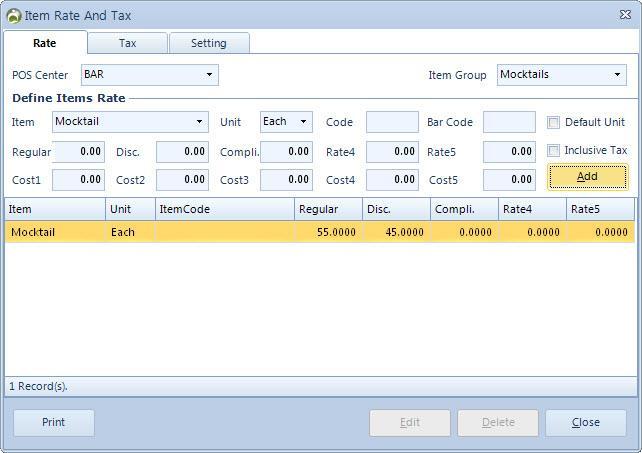 ITEM RATE & TAX Each item created in the POS can be assigned five different rates and one of them can be set as the default rate to be applicable for the item when to be sold.