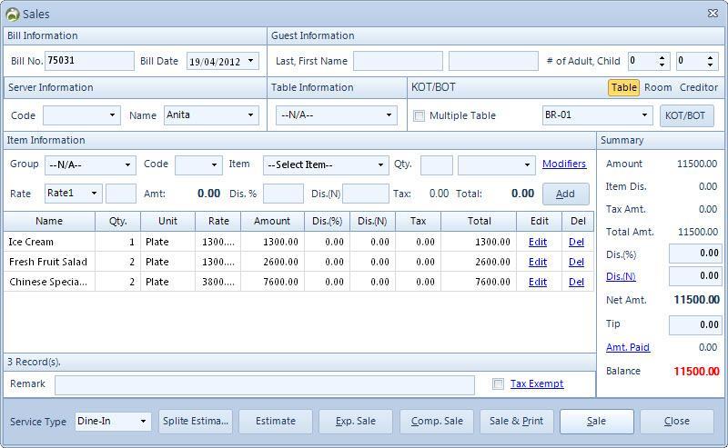SALES KOT(s) made on several different tables can be combined in to one single Sales Bill by selecting the Multiple Table which opens up the displayed form to select the tables for which there